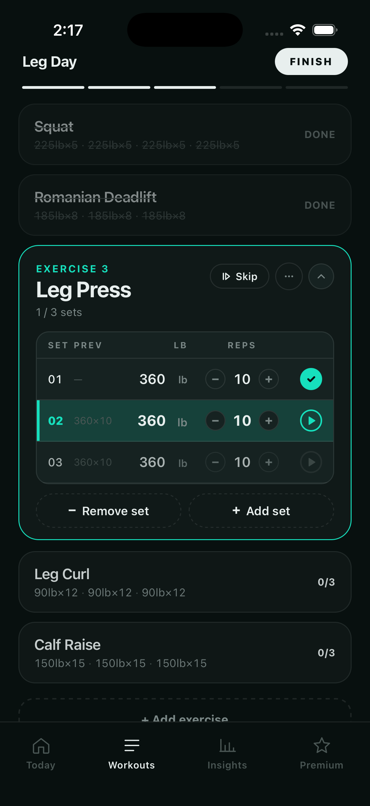Active workout session with set logging