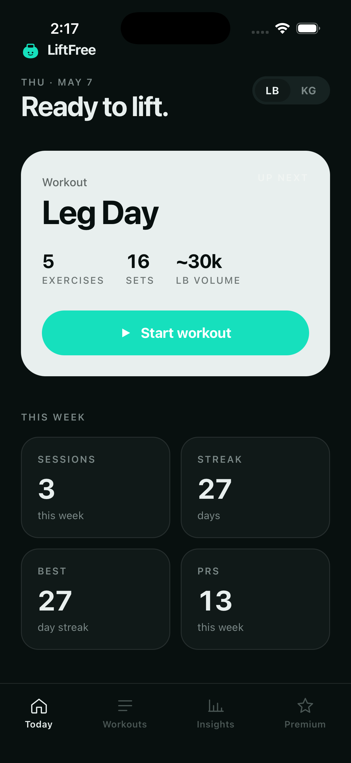 SigmaSets Today screen showing workout stats and streaks